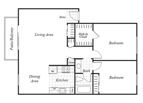 Floor plan for 2 beds, 1 bath, 851 sqft